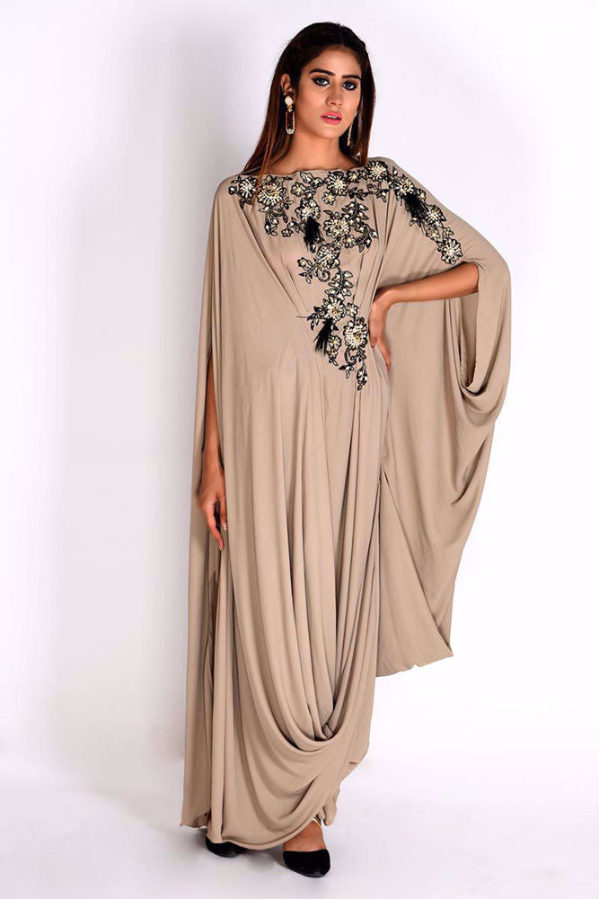 Beige Georgette Cowl Kaftan - Signature Kaftans by Rozina Munib