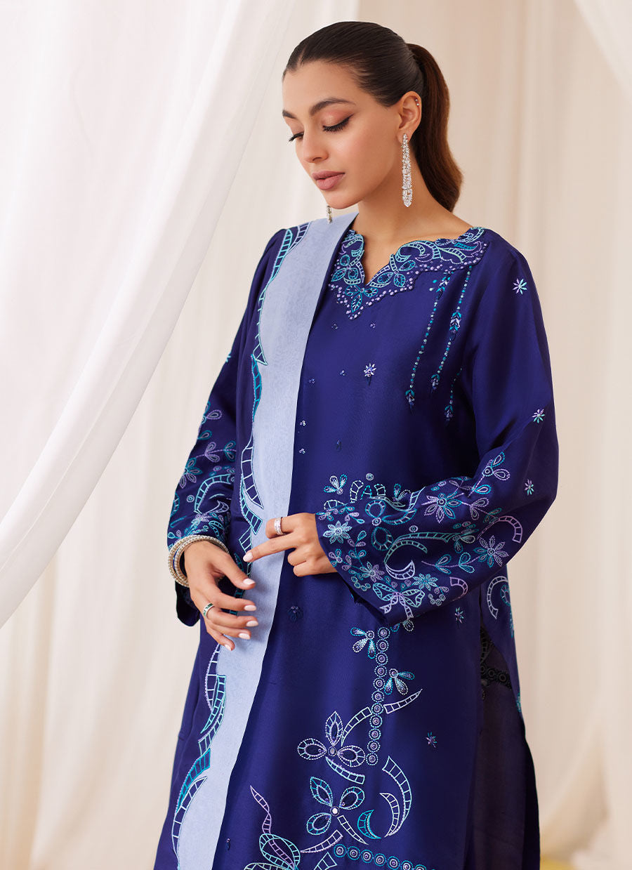 Nada Ink Blue Embroidered Shirt And Dupatta - Lea Fall '24 by FTA