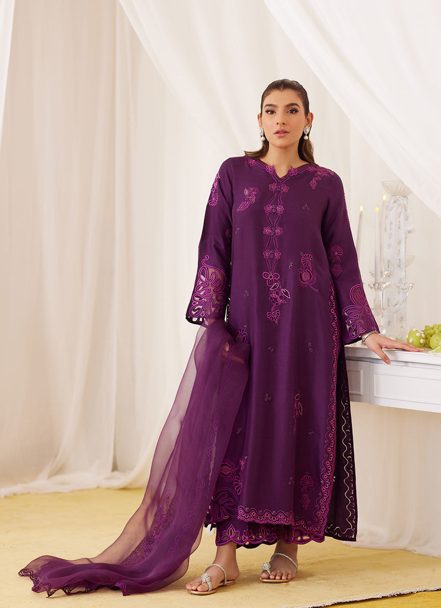 Teo Eggplant Embroidered Shirt And Dupatta - Lea Fall '24 by FTA