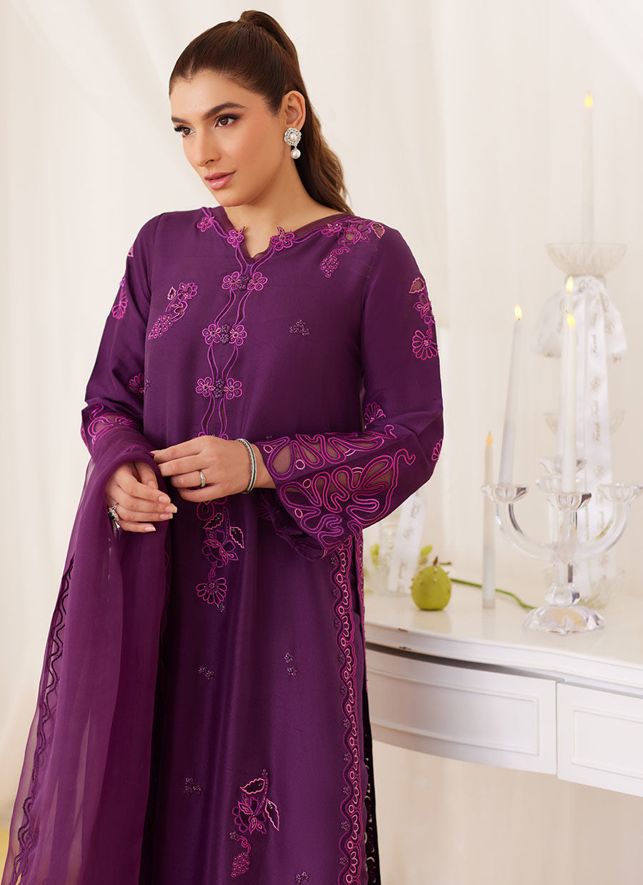 Teo Eggplant Embroidered Shirt And Dupatta - Lea Fall '24 by FTA