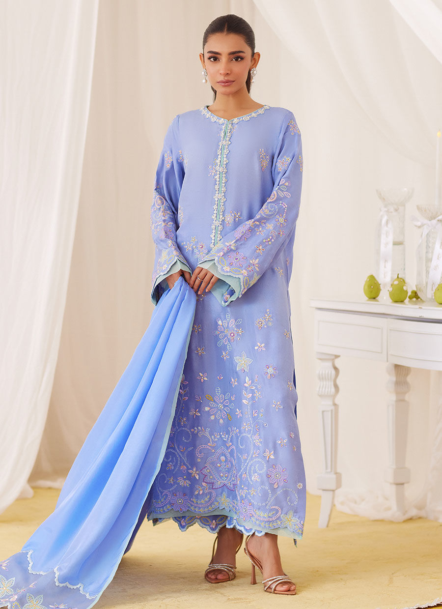 Leesha Periwinkle Blue Raw Silk Shirt And Dupatta - Lea Fall '24 by FTA