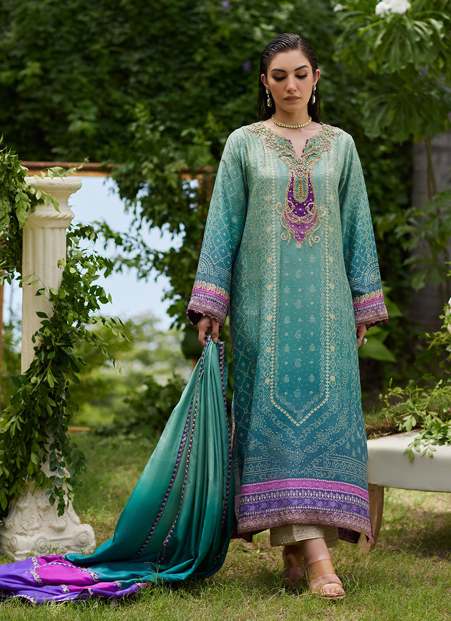 Leisha Teal Ombre Shirt And Dupatta - Mayna Festive Prints'24 by Farah Talib Aziz