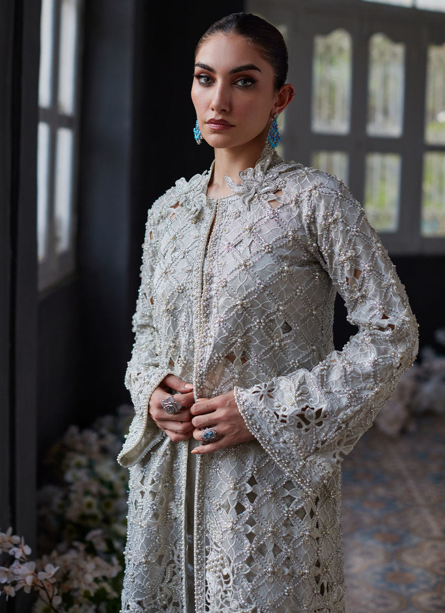 Ayvani Silver Cutwork Jacket - Eira Ethereal Couture by Farah Talib Aziz