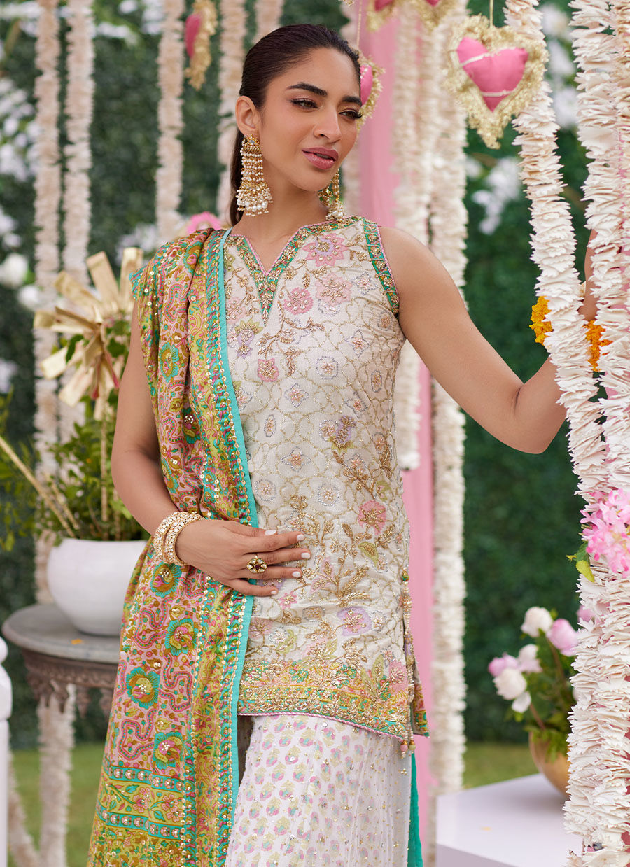 Alvira Ivory Short Shirt and Lehnga - Amaltas 25 by Farah Talib Aziz