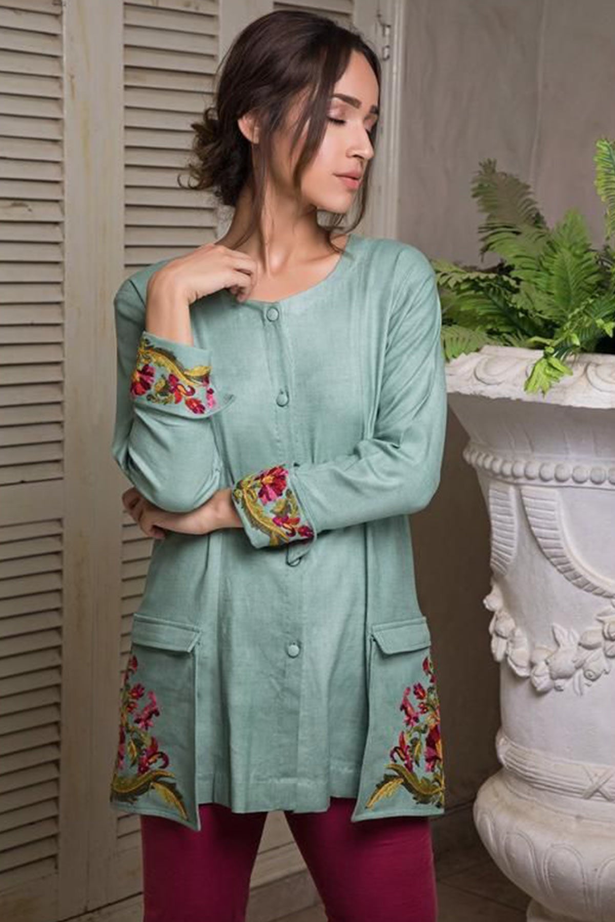 CASUAL JACKET WITH EMBROIDERED POCKETS AND SLEEVES (SAGE GREEN) - Rizwan Beyg