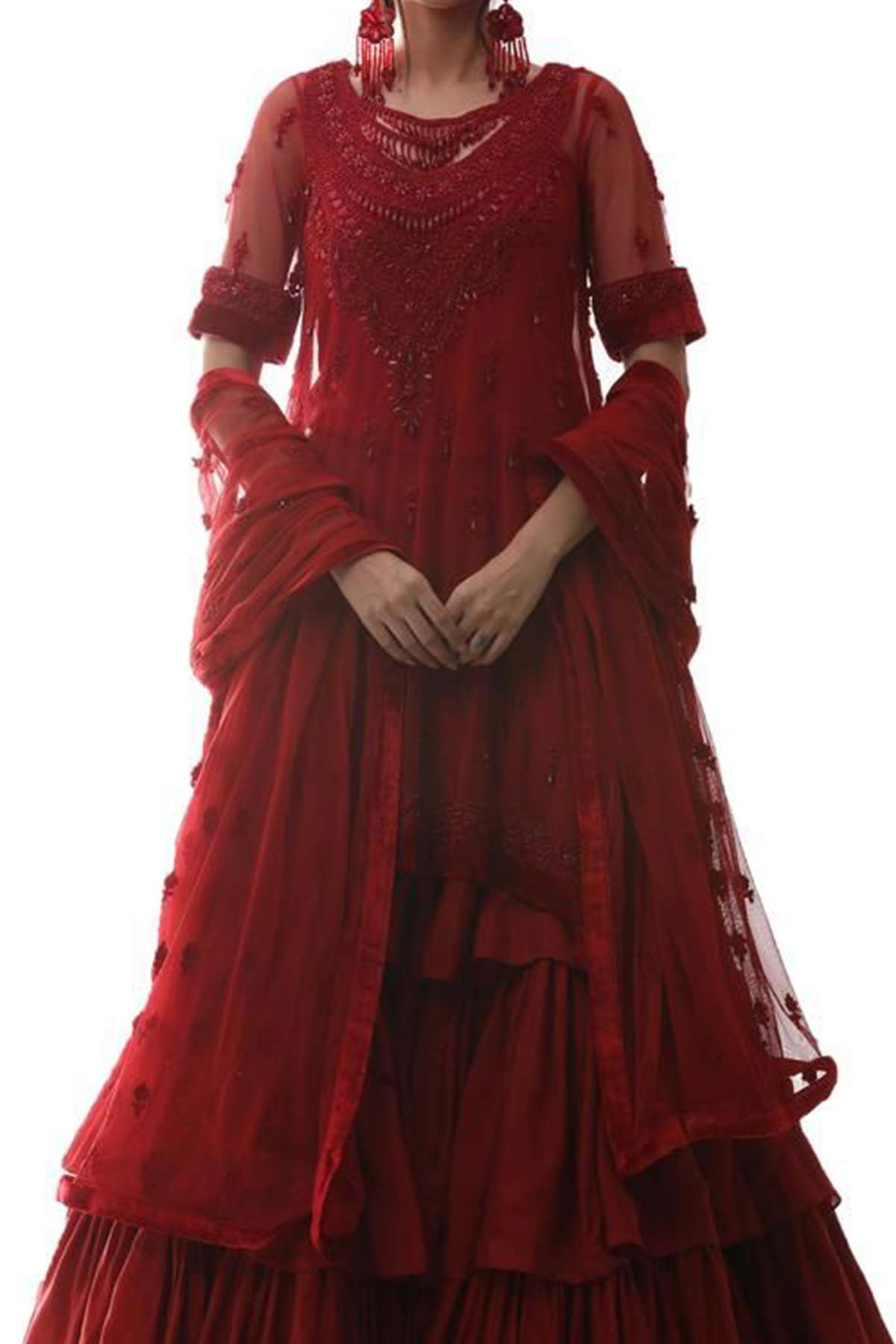 RED SWAROVSKI TUNIC AND CHEMISE - Rizwan Beyg