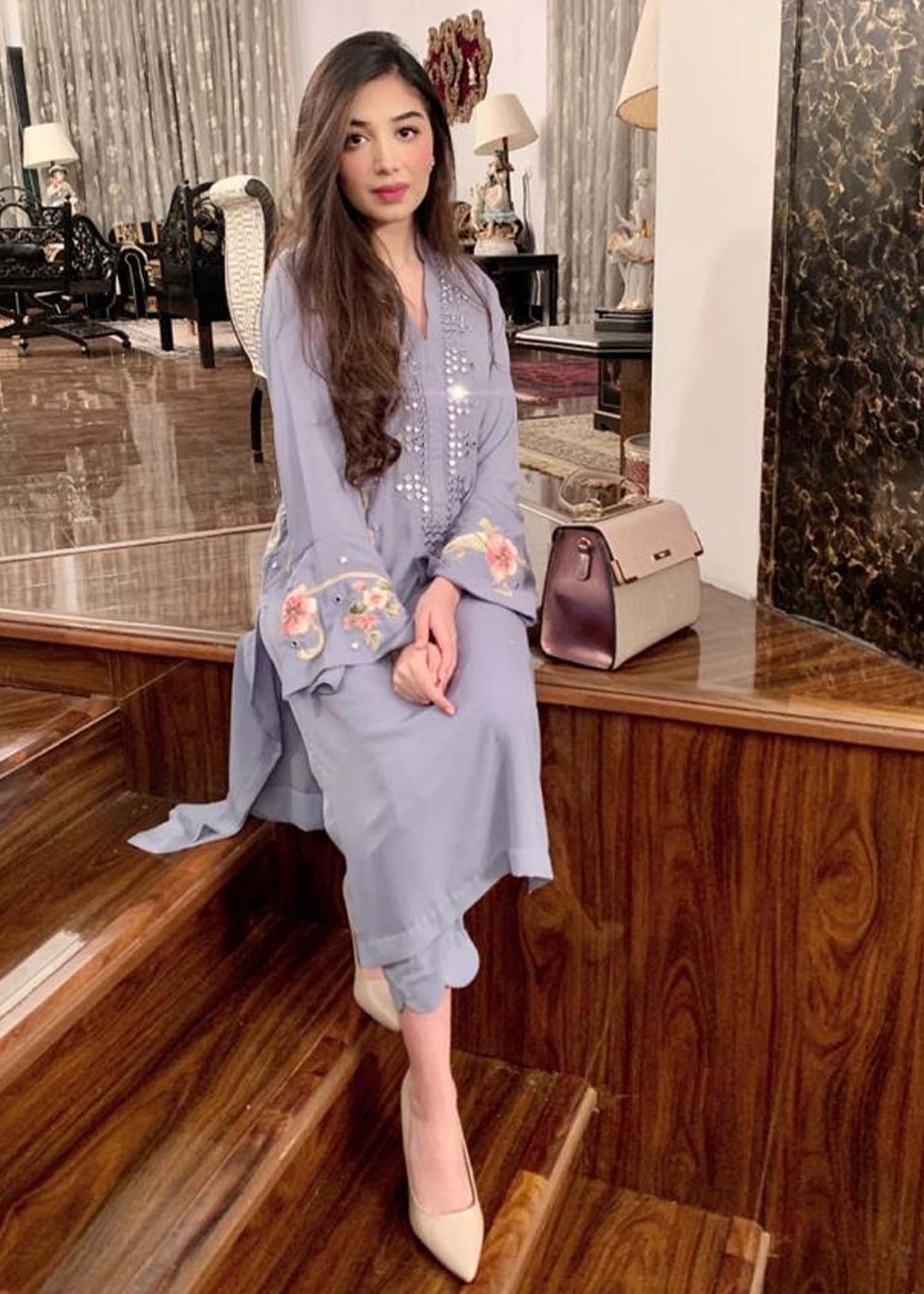 AF311 Pink Branches (Powder Blue) - Ainee Faisal