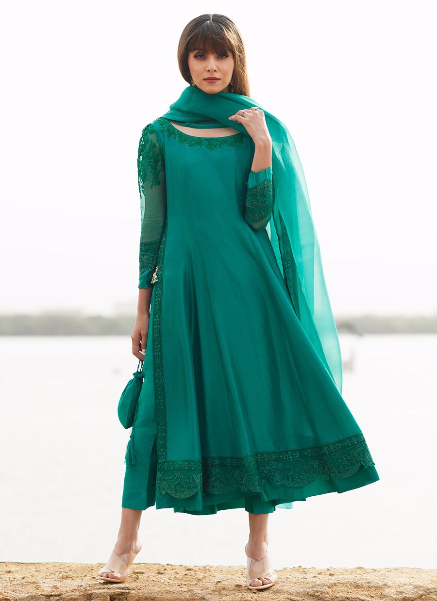 Emerald silk Kalidaar with pure organza embroidered dupatta - Farah Talib Aziz