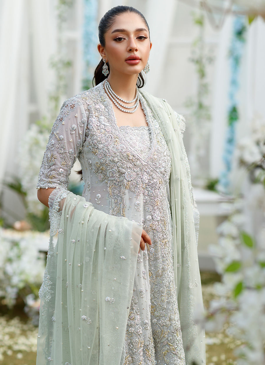 SOPHIA SILVER-MINT ANGHARKHA ON BANARSI GHARARA- Farah Talib Aziz