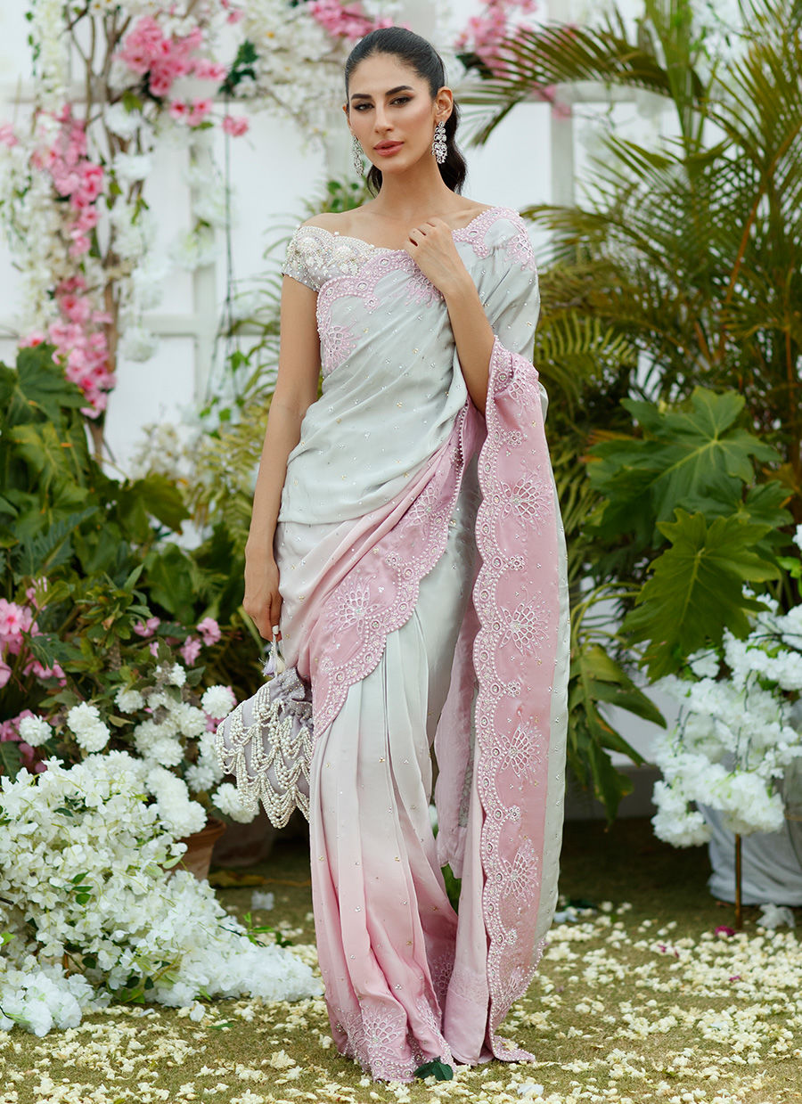 CAMELIA SILVER TO BLUSH OMBRE SAREE - Farah Talib Aziz