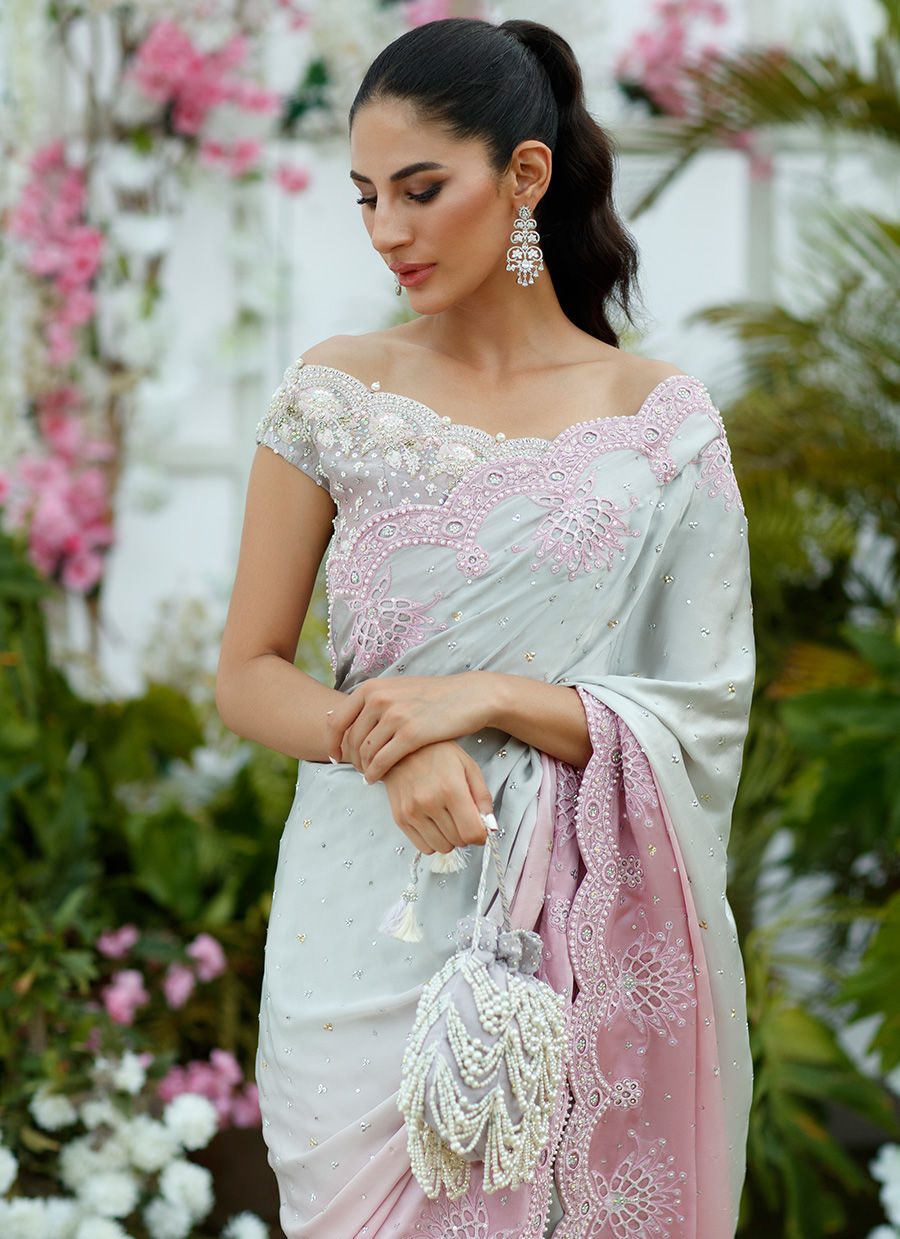 CAMELIA SILVER TO BLUSH OMBRE SAREE - Farah Talib Aziz