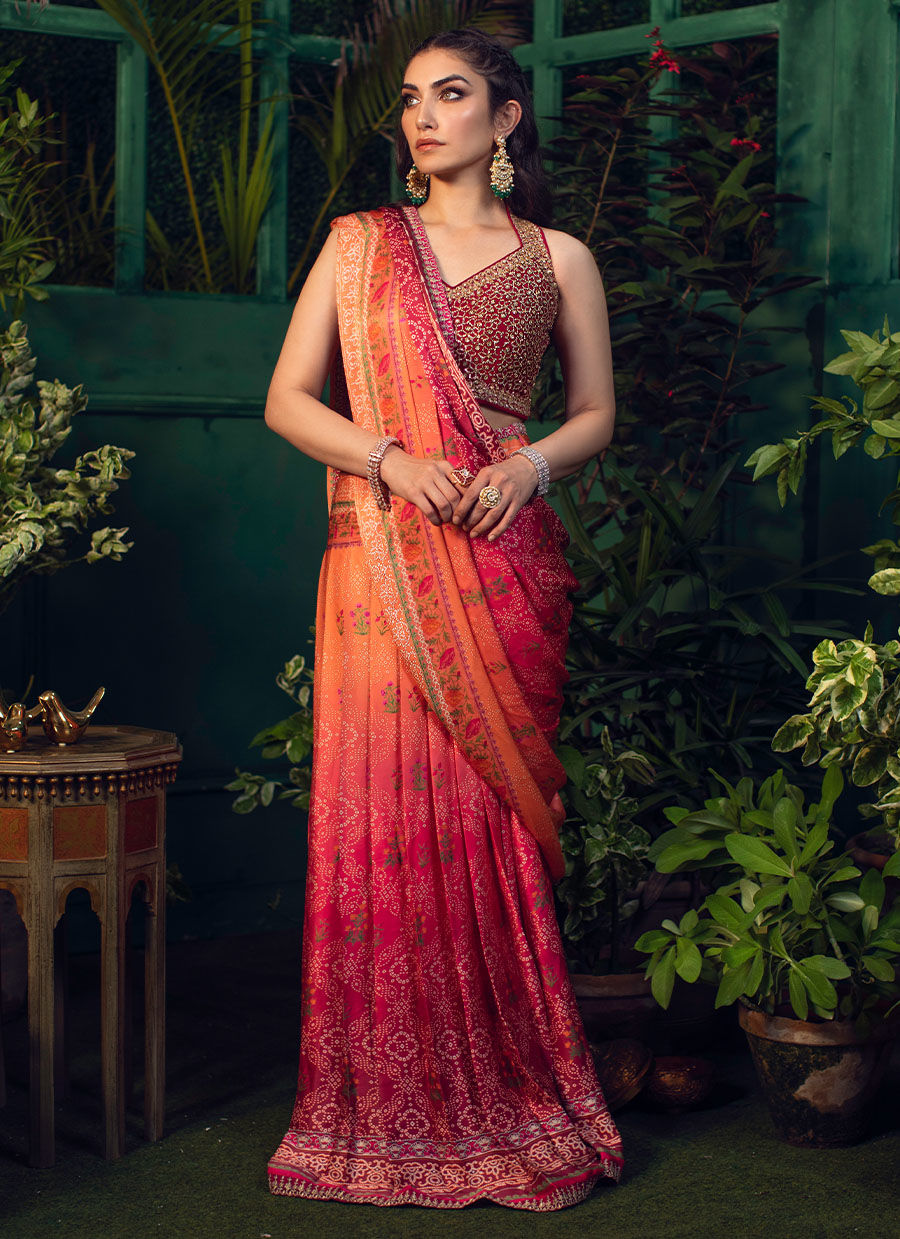 PARISA DRAPED OMBRE LANGHA SAREE - Farah Talib Aziz