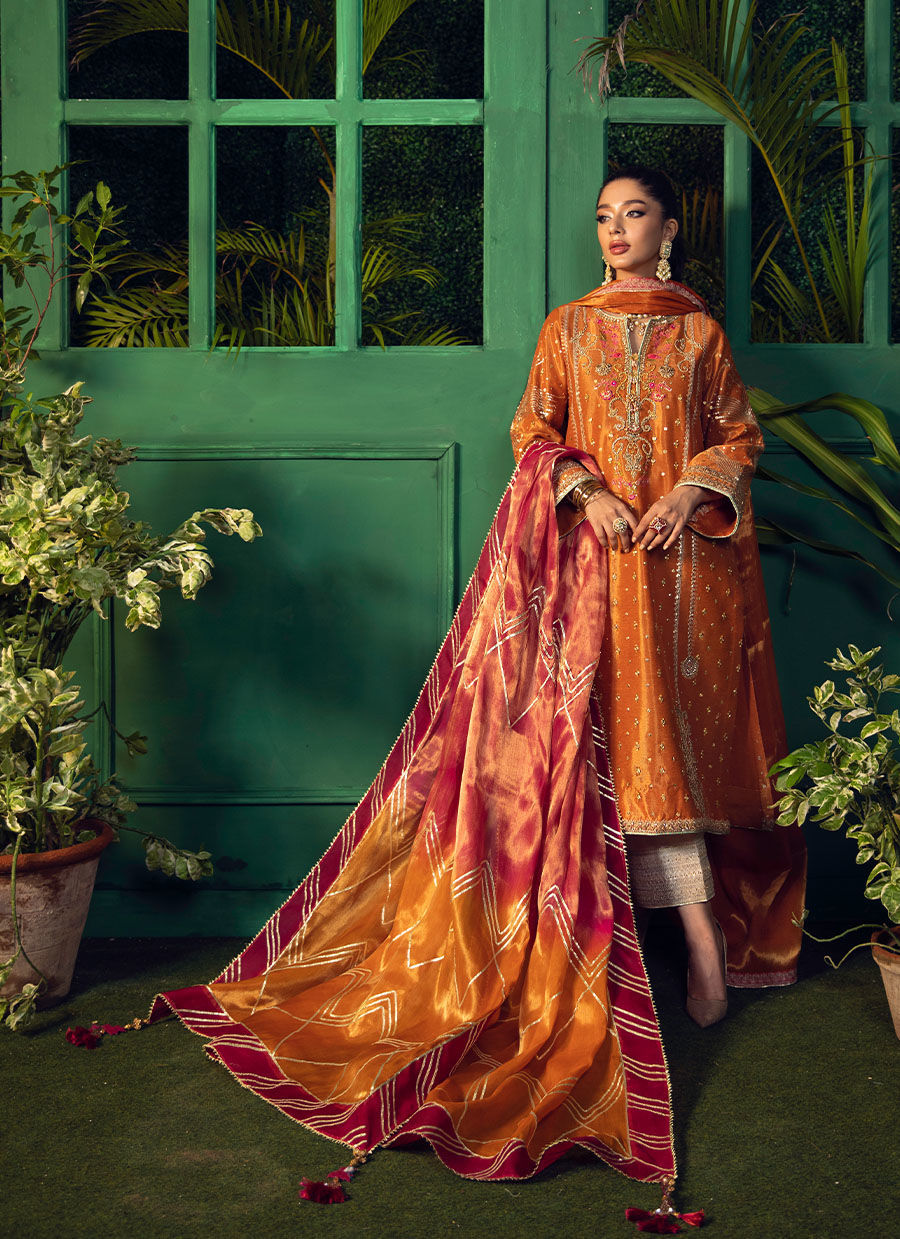 BAHAR BURNT ORANGE KURTA WITH PURE TISSUE OMBRE DUPATTA - Farah Talib Aziz