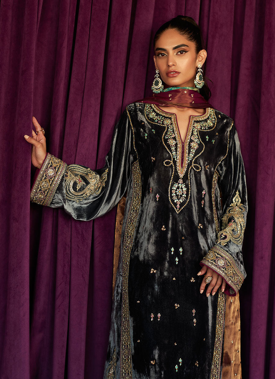 SALMA SILVER SHIRT AND DUPATTA - Velvet Stardust by Farah Talib Aziz