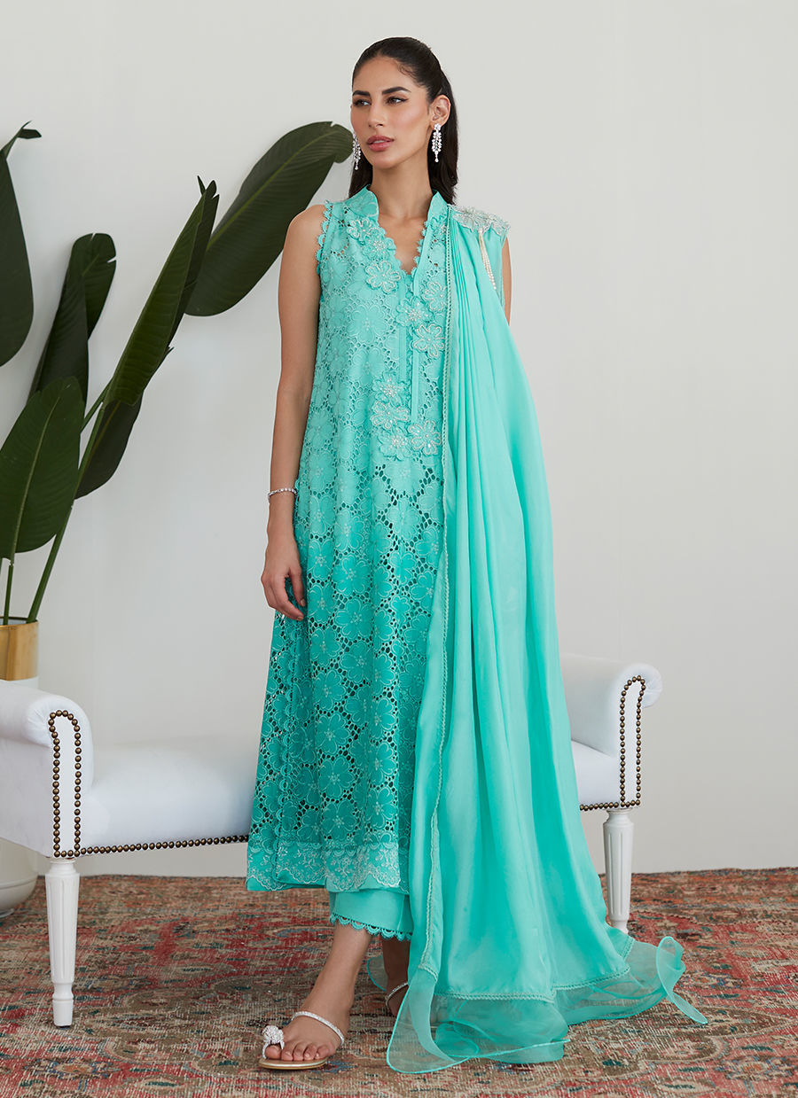 TIFFANY AQUA SILK CUTWORK WITH PRE DRAPED DUPATTA - Farah Talib Aziz