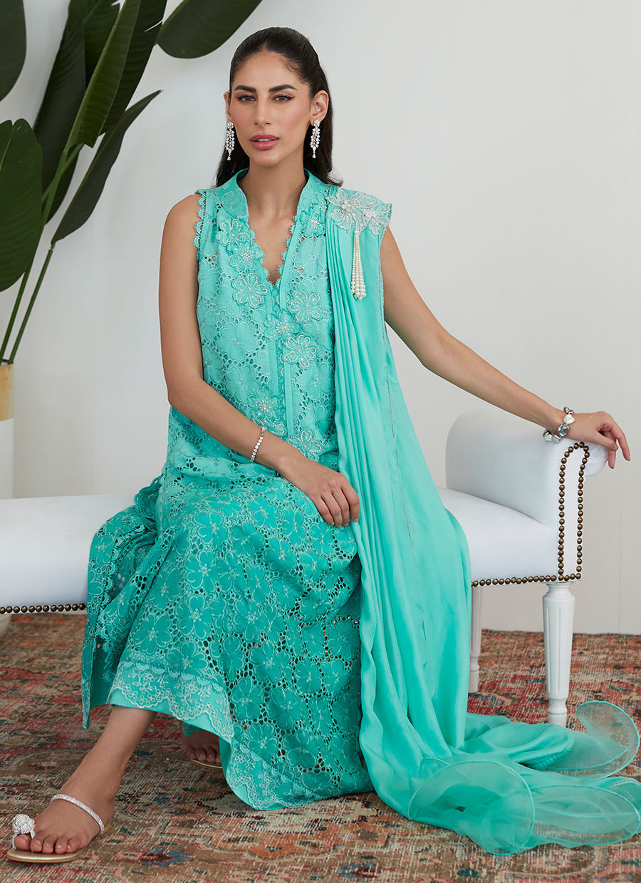 TIFFANY AQUA SILK CUTWORK WITH PRE DRAPED DUPATTA - Farah Talib Aziz