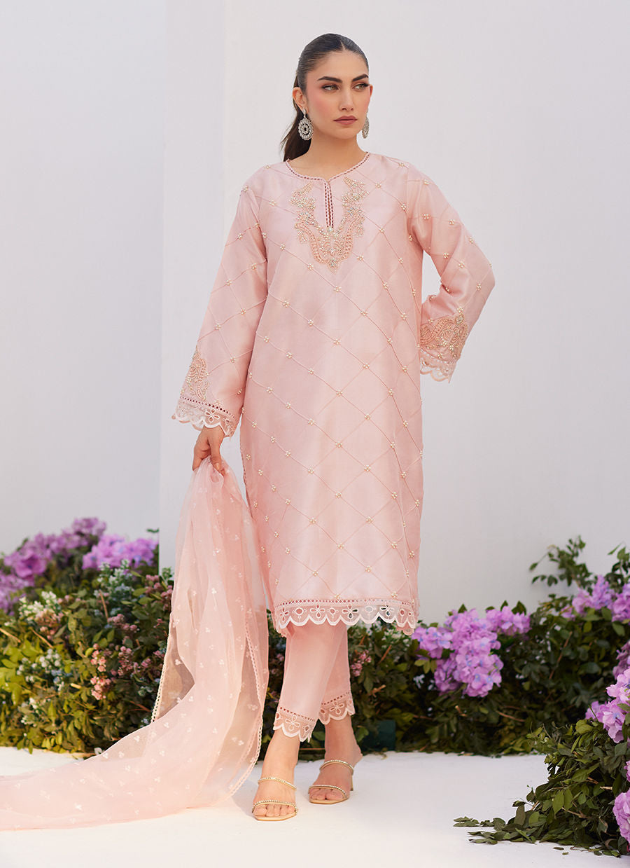 BEBE BLUSH PINK EMBELLISHED RAW SILK KURTA SHIRT AND DUPATTA - Zaza'24 by Farah Talib Aziz