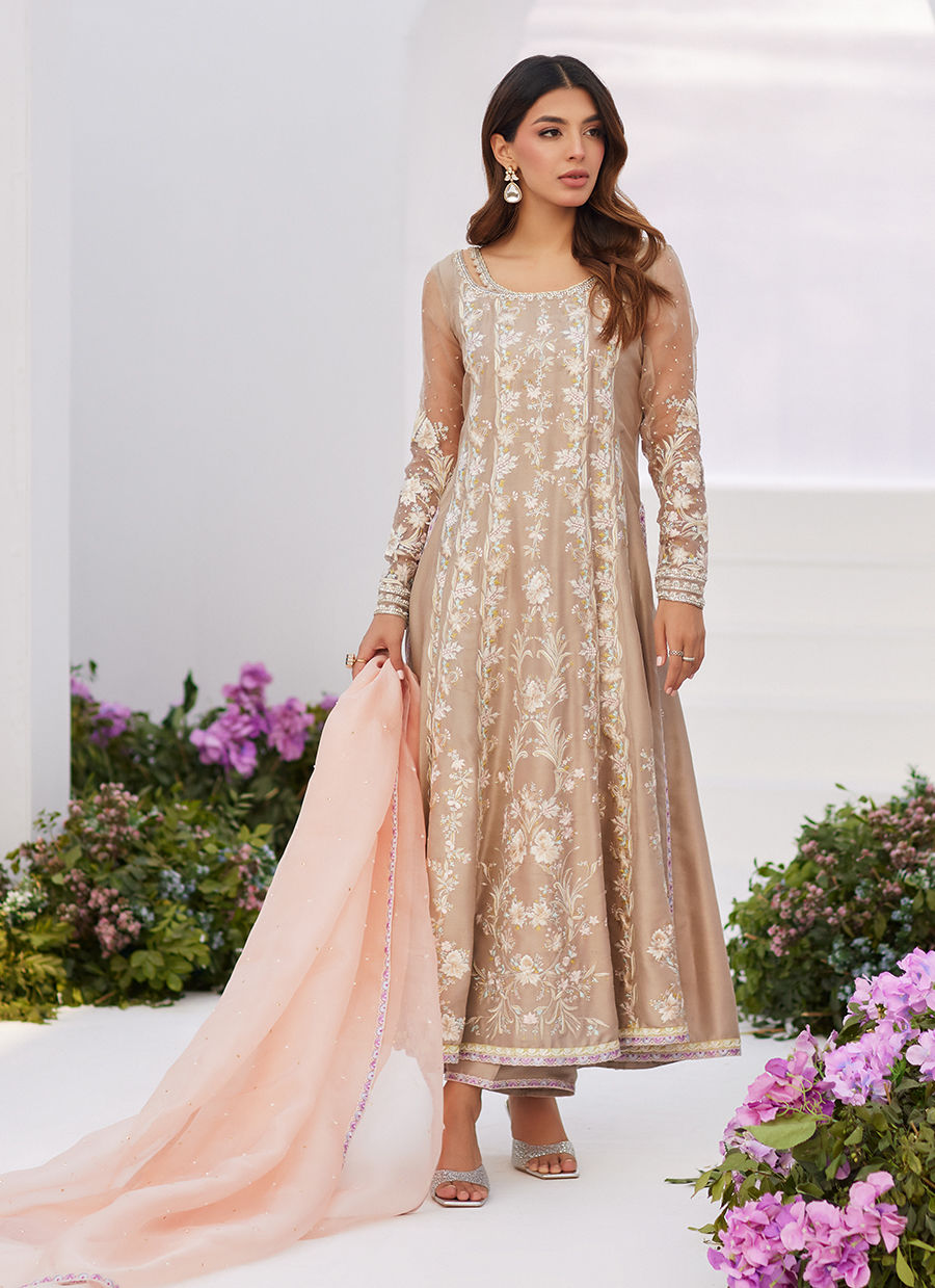 CHARLENE SAND EMBROIDERED KALIDAAR WITH DUPATTA - Zaza'24 by Farah Talib Aziz