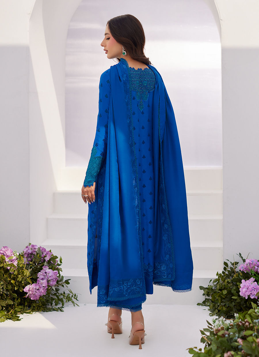 CHARR BLUE EMBROIDERED RAW SILK SHIRT AND DUPATTA - Zaza'24 by Farah Talib Aziz