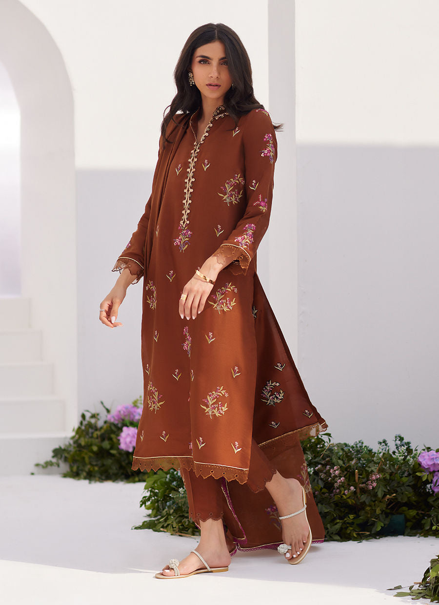 NOEMIE CHOCOLATE EMBROIDERED RAW SILK SHIRT AND DUPATTA - Zaza'24 by Farah Talib Aziz