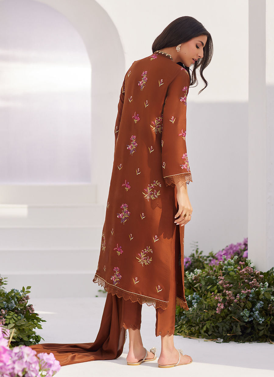 NOEMIE CHOCOLATE EMBROIDERED RAW SILK SHIRT AND DUPATTA - Zaza'24 by Farah Talib Aziz