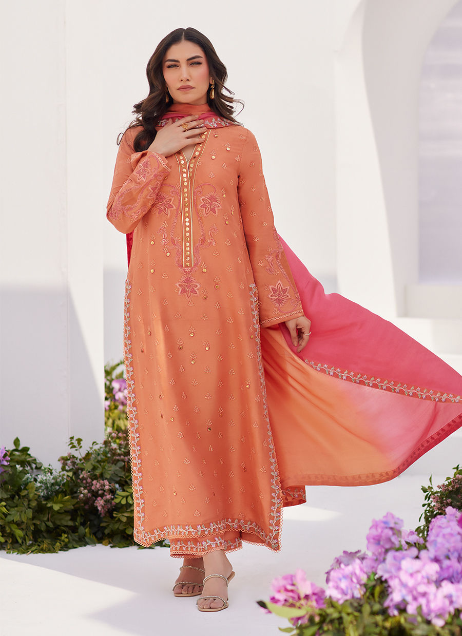 ELYNA CORAL EMBROIDERED RAW SILK SHIRT AND DUPATTA - Zaza'24 by Farah Talib Aziz