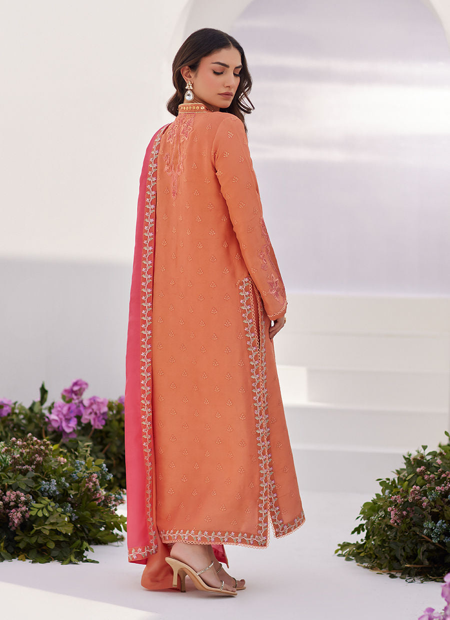 ELYNA CORAL EMBROIDERED RAW SILK SHIRT AND DUPATTA - Zaza'24 by Farah Talib Aziz