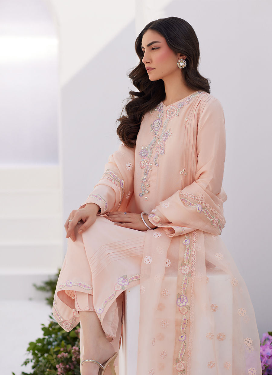 ELEA PEACH EMBROIDERED RAW SILK SHIRT AND DUPATTA - Zaza'24 by Farah Talib Aziz