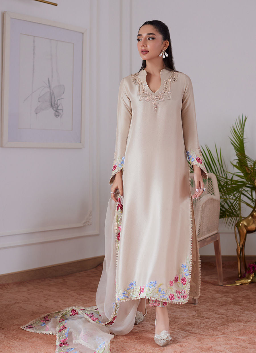 LIARA SAND EMBROIDERED RAWSILK SHIRT AND DUPATTA - Luna Eid'24 | By Farah Talib Aziz