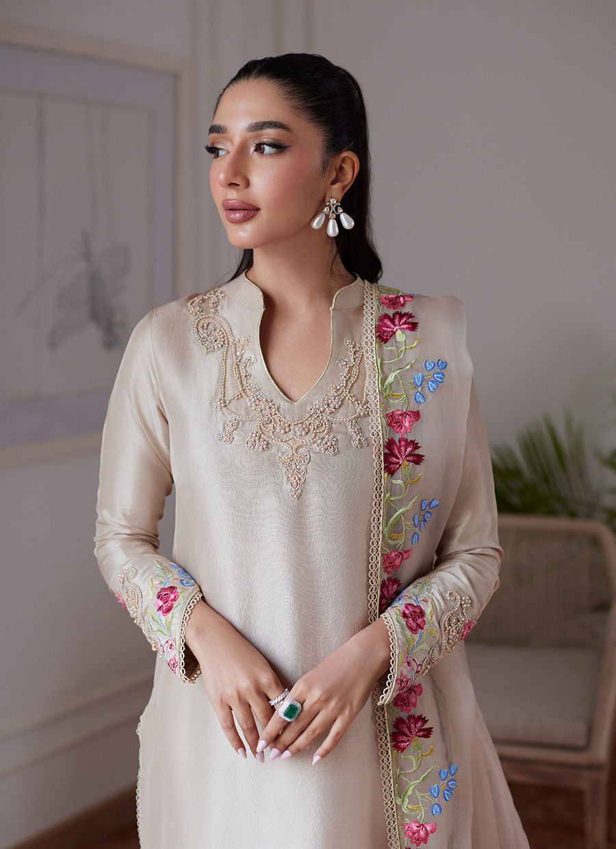 LIARA SAND EMBROIDERED RAWSILK SHIRT AND DUPATTA - Luna Eid'24 | By Farah Talib Aziz