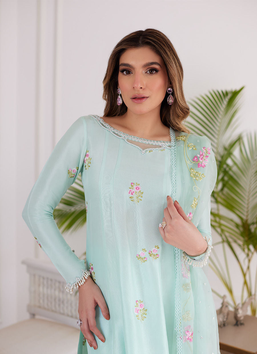 ELYSSIA MINT EMBROIDERED RAW SILK KALIDAR WITH DUPATTA - Luna Eid'24 | By Farah Talib Aziz