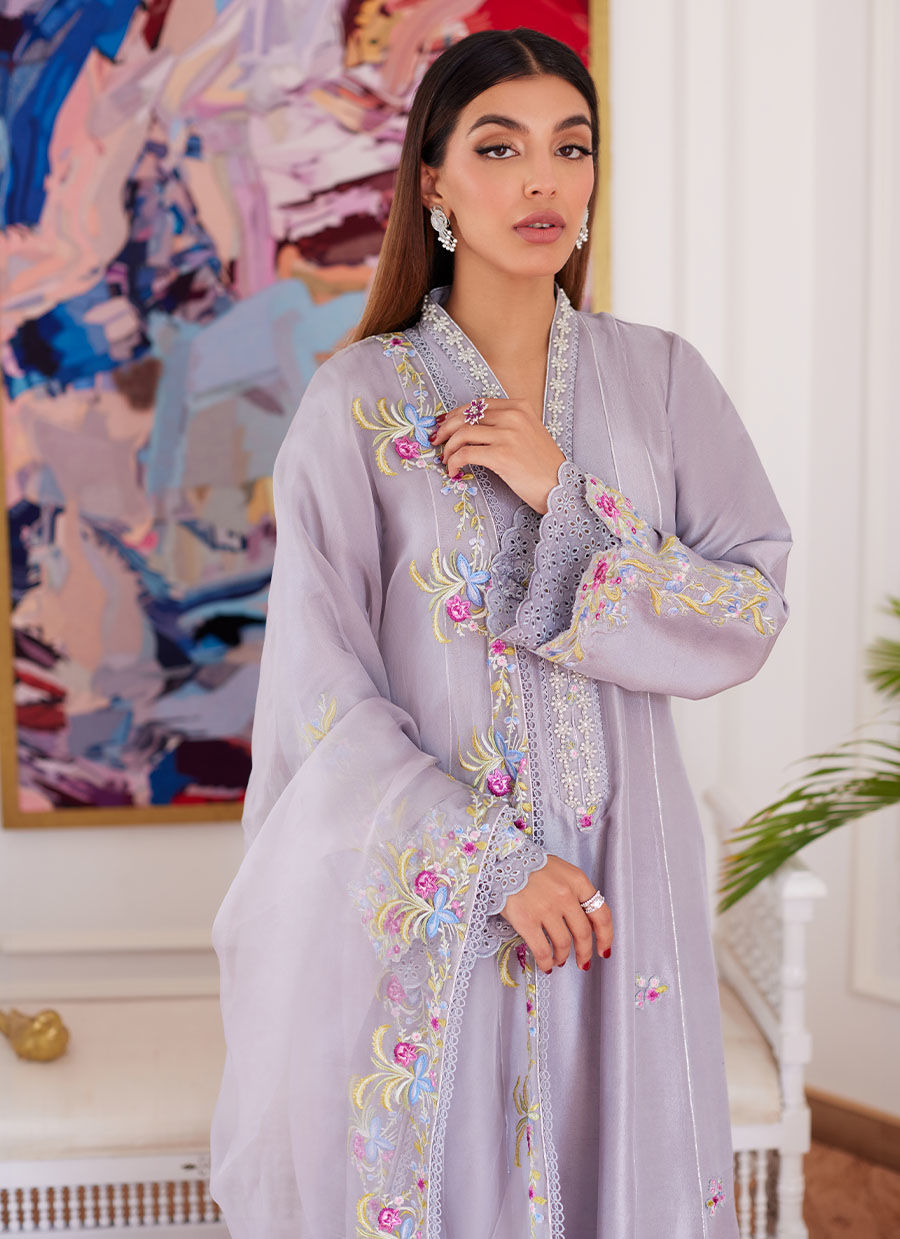 ODETTE SILVER GREY EMBROIDERED RAW SILK KALIDAR WITH DUPATTA - Luna Eid'24 | By Farah Talib Aziz