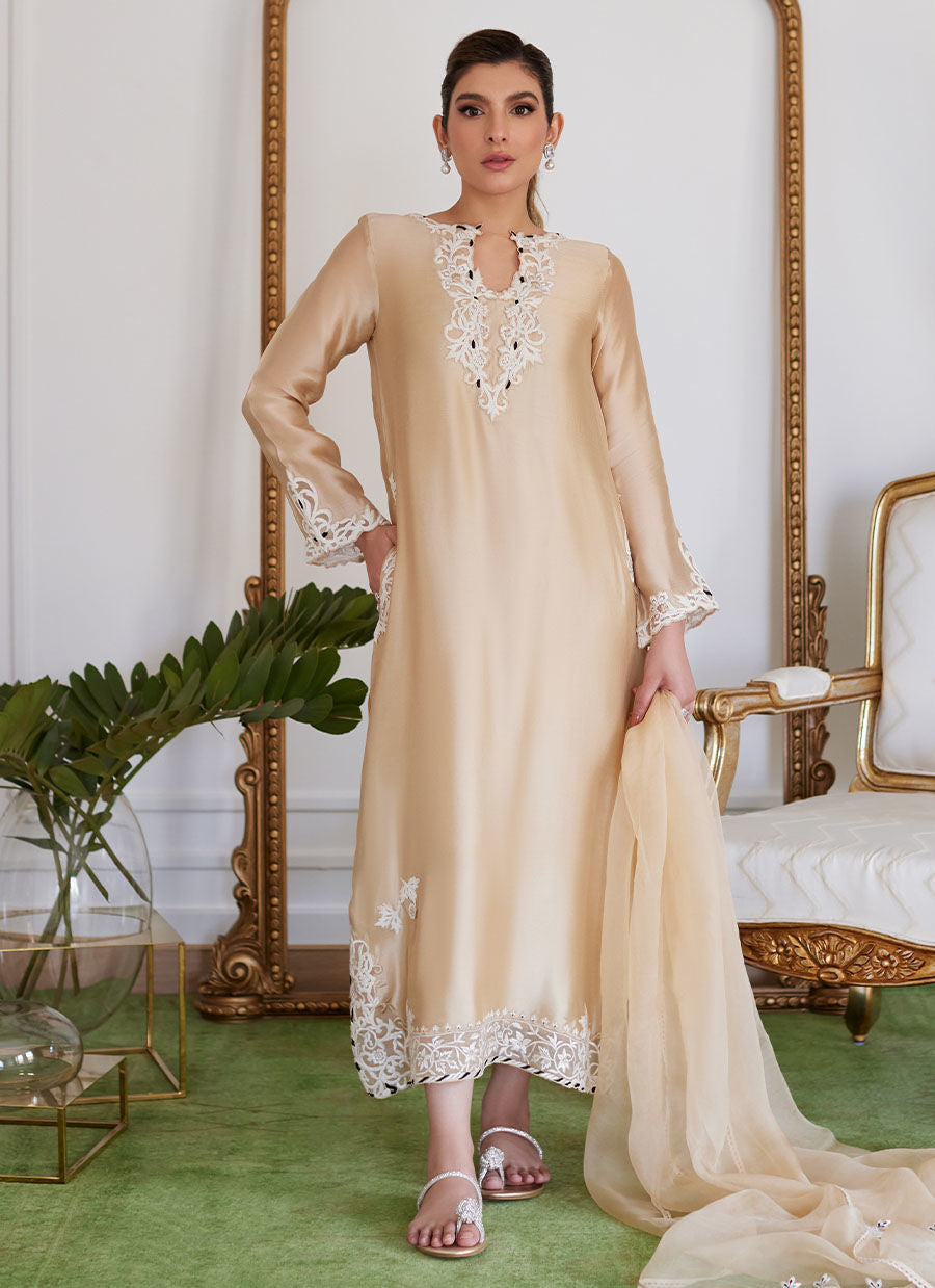 MELVINA CHAMPAGNE BEIGE EMBROIDERED SHISHA SILK SHIRT WITH DUPATTA - Luna Eid'24 | By Farah Talib Aziz