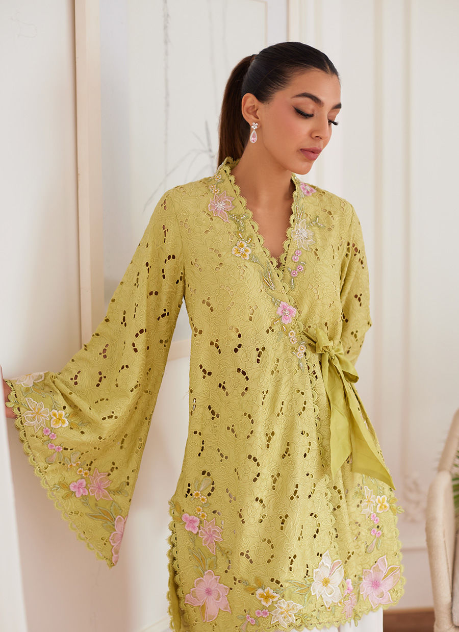 ABIGAIL KIWI EMBROIDERED RAW SILK SCHIFFLI KIMONO WRAP- Luna Eid'24 | By Farah Talib Aziz