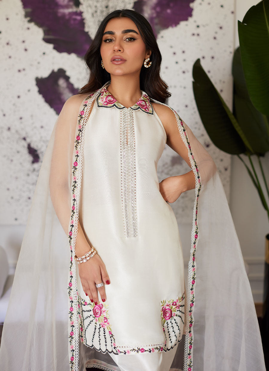 GENEVIVE PEARL WHITE EMBROIDERED RAW SILK SHIRT WITH DUPATTA- Luna Eid'24 | By Farah Talib Aziz