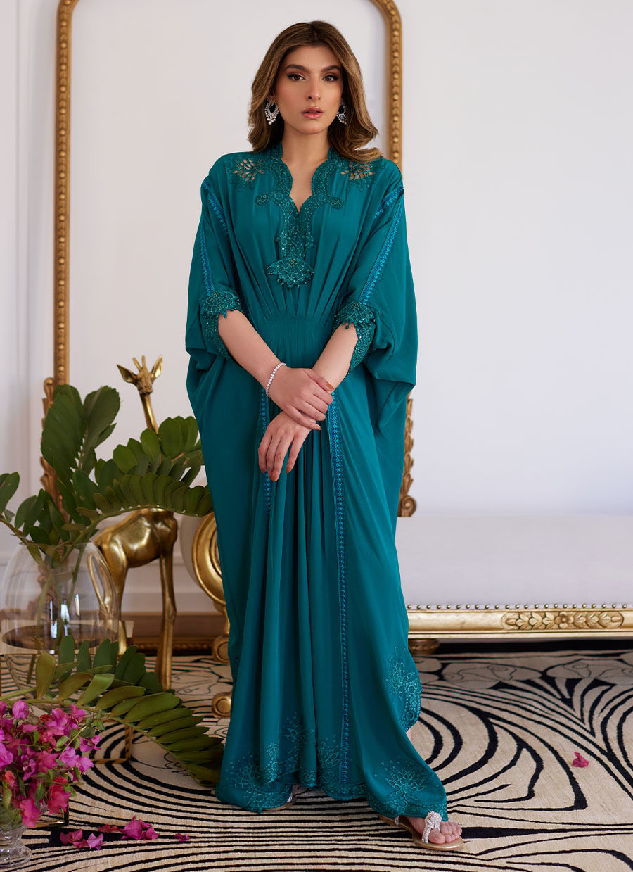 EMMELINE EMERALD CREPE KAFTAN- Luna Eid'24 | By Farah Talib Aziz