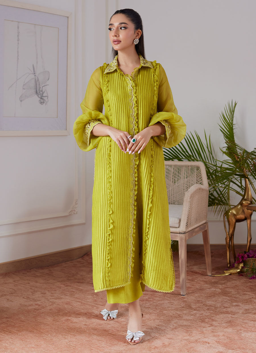 FAUSTINE KIWI EMBROIDERED RAW SILK SHIRT- Luna Eid'24 | By Farah Talib Aziz