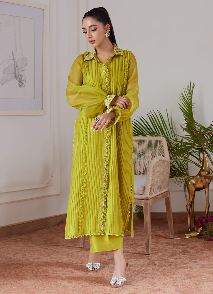 FAUSTINE KIWI EMBROIDERED RAW SILK SHIRT- Luna Eid'24 | By Farah Talib Aziz