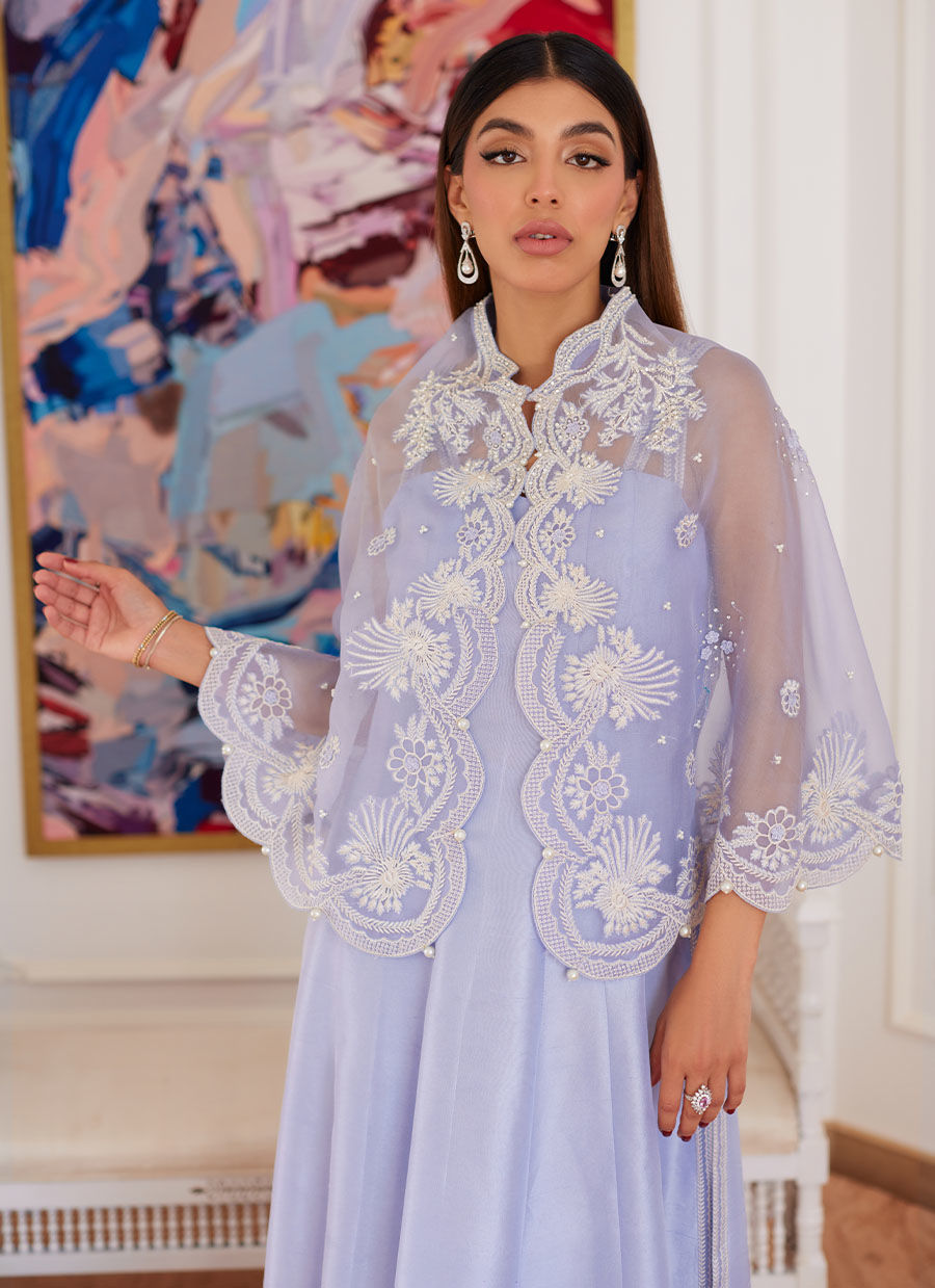 FLEUR LAVENDER EMBROIDERED RAW SILK SHIRT WITH CAPE- Luna Eid'24 | By Farah Talib Aziz