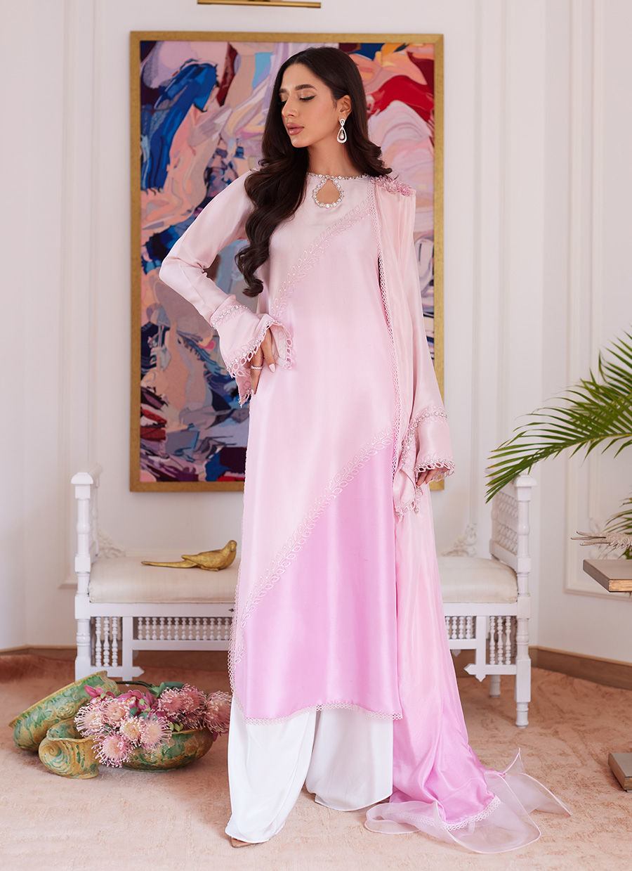 ARELLIA BABY PINK TWO TONED RAWSILK SHIRT WITH DUPATTA - Luna Eid'24 | By Farah Talib Aziz