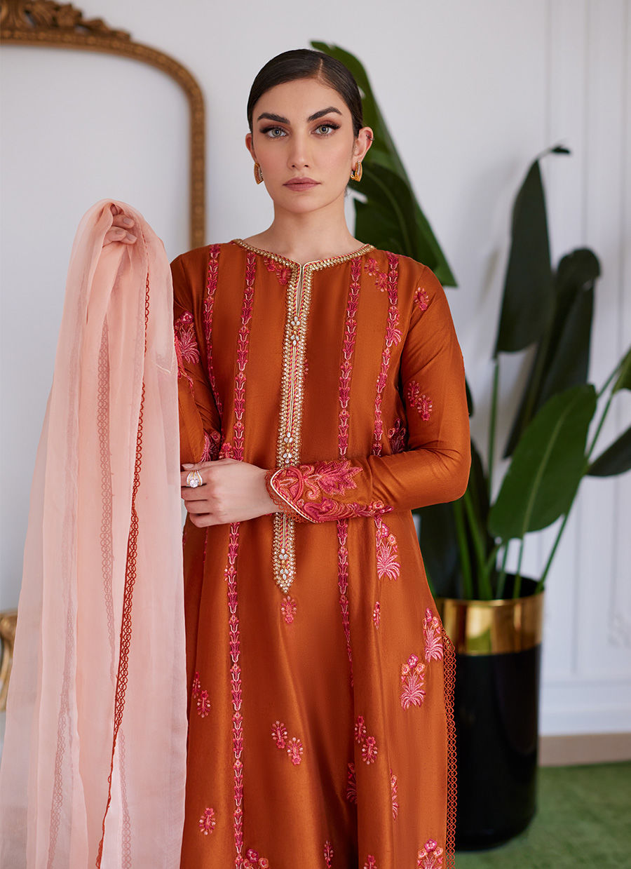 SENEERA EMBROIDERED RUST RAW SILK KALIDAAR WITH DUPATTA - Luna Eid'24 | By Farah Talib Aziz