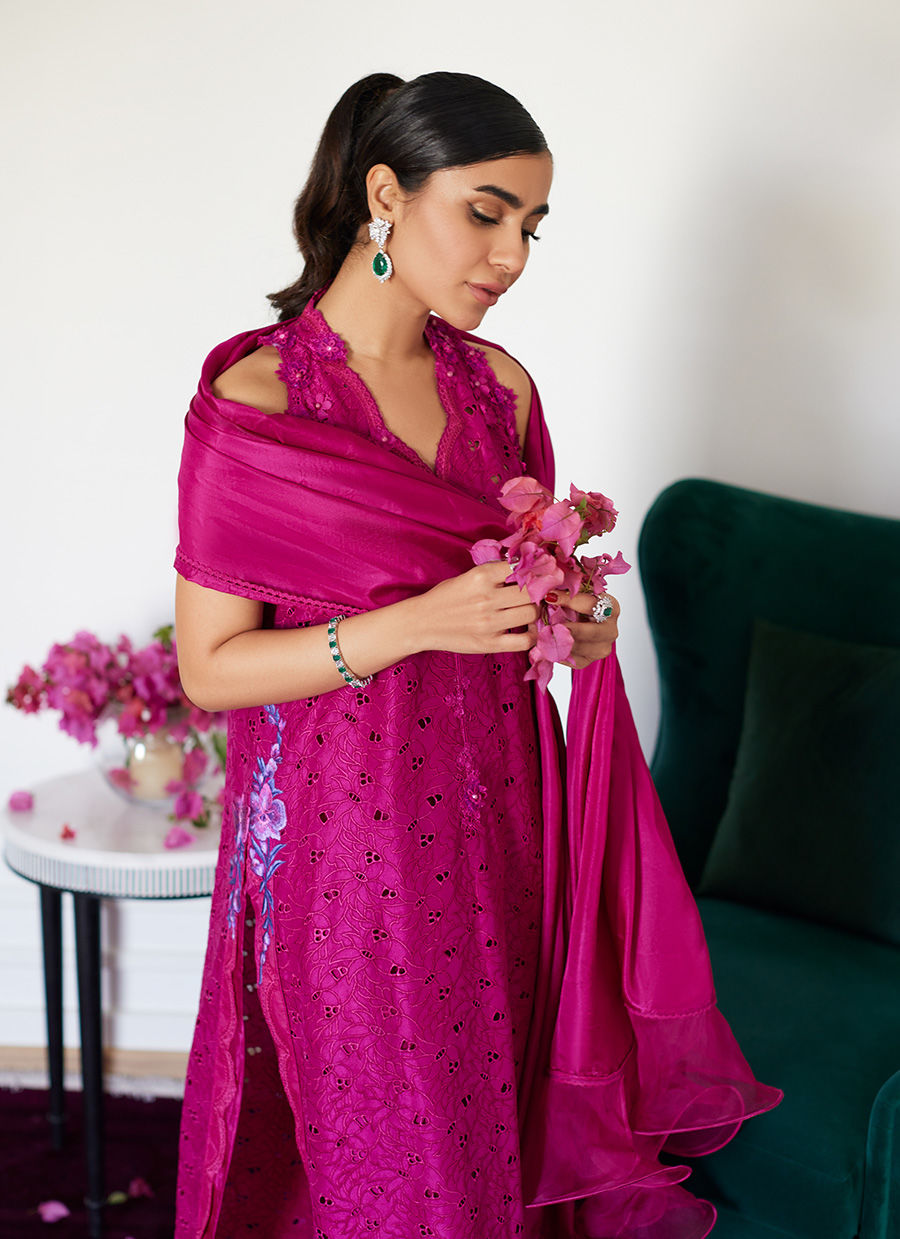 CLARIENE HOT PINK SCHIFFLI SHIRT WITH DUPATTA- Luna Eid'24 | By Farah Talib Aziz