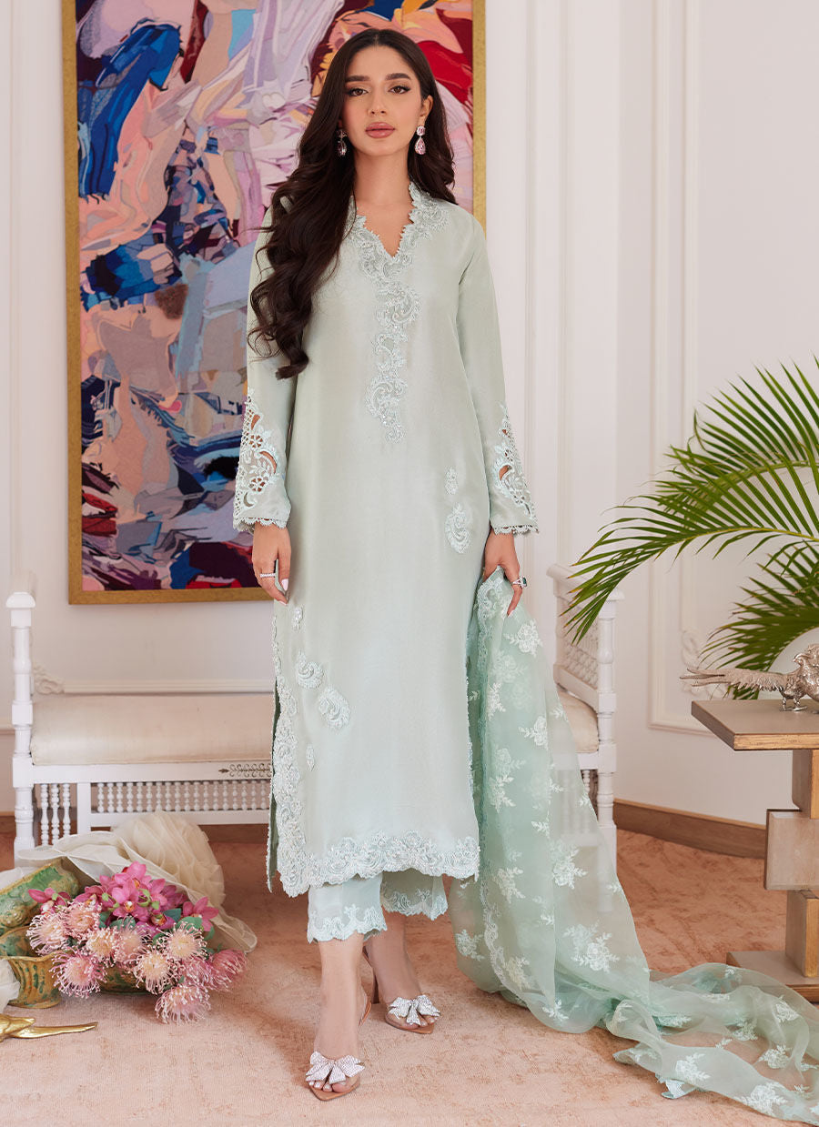 LIARA PISTACHIO EMBROIDERED RAW SILK SHIRT WITH DUPATTA - Luna Eid'24 | By Farah Talib Aziz