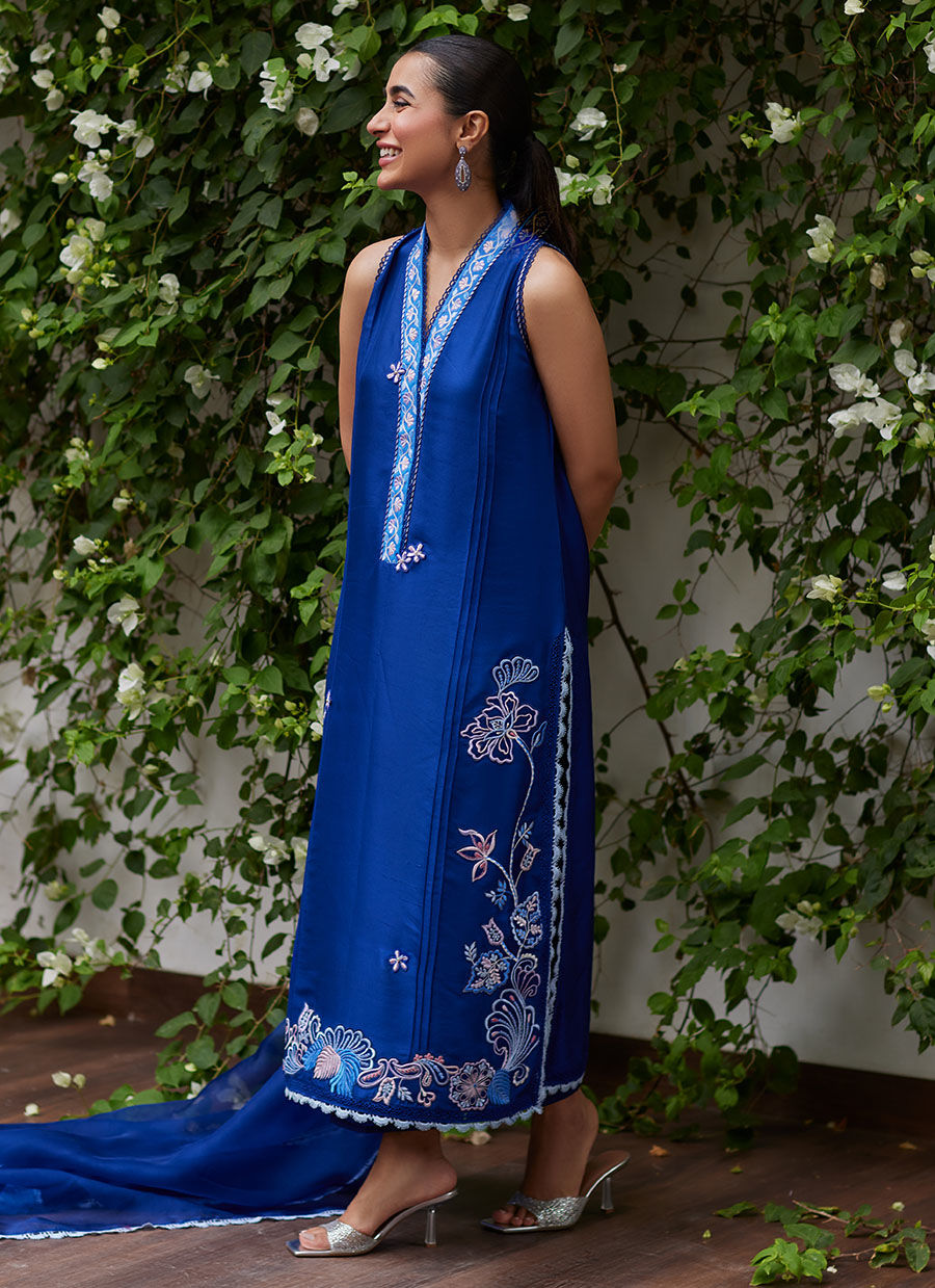 INGA INK BLUE EMBROIDERED RAW SILK SHIRT AND DUPATTA - Tara Luxe II by Farah Talib Aziz