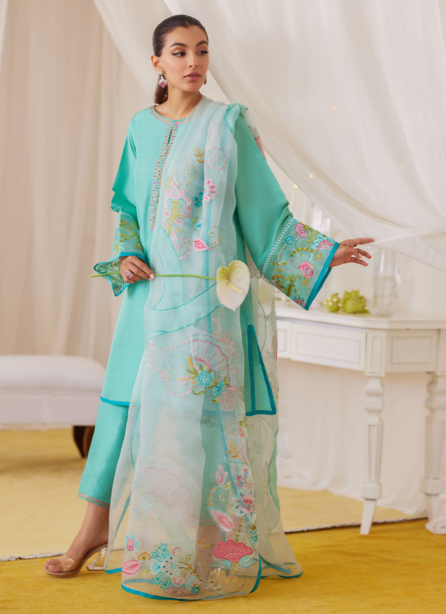 Una Turquoise Shirt And Embroidered Dupatta - Lea Fall  '24 by FTA