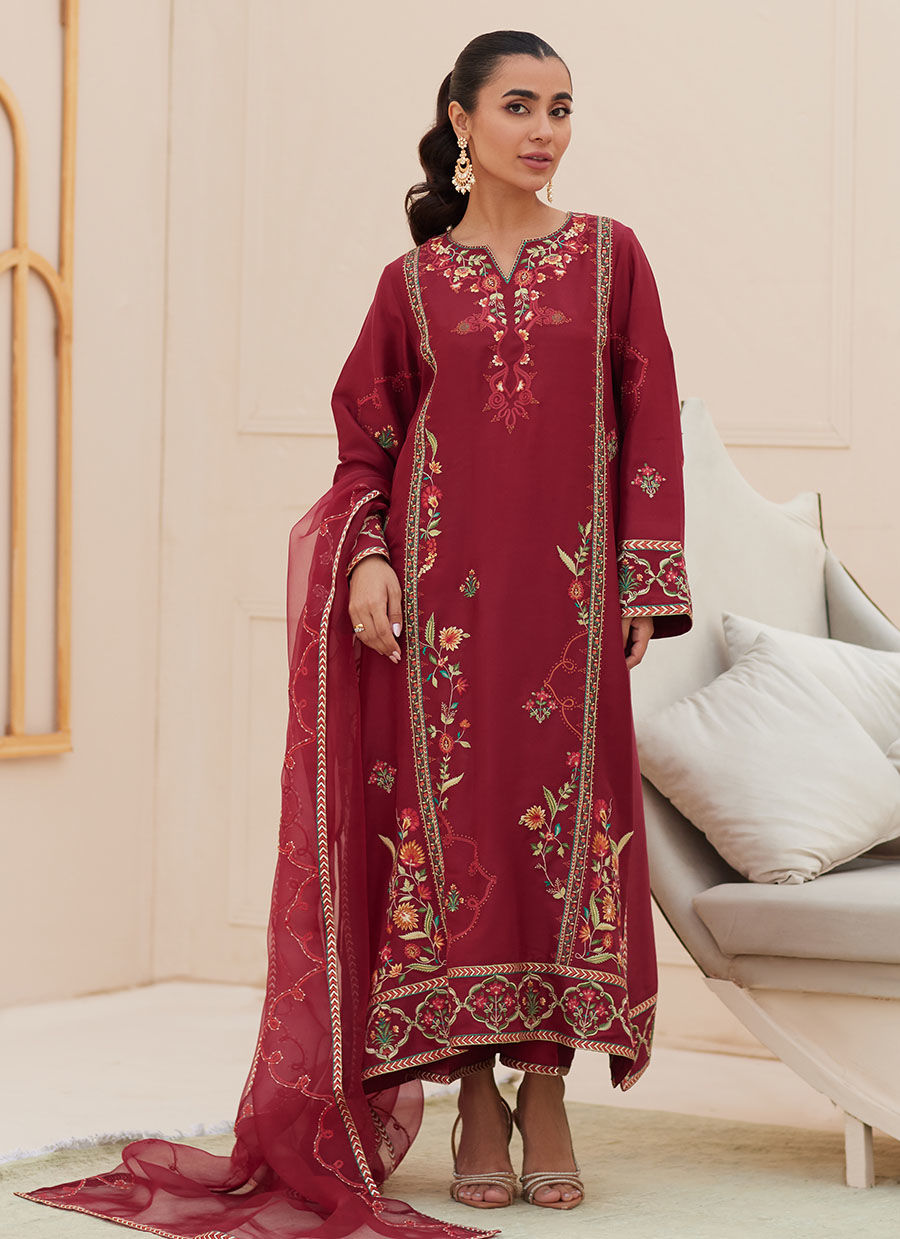 Marsala Silk Shirt and Dupatta - Zaza'25 by Farah Talib Aziz