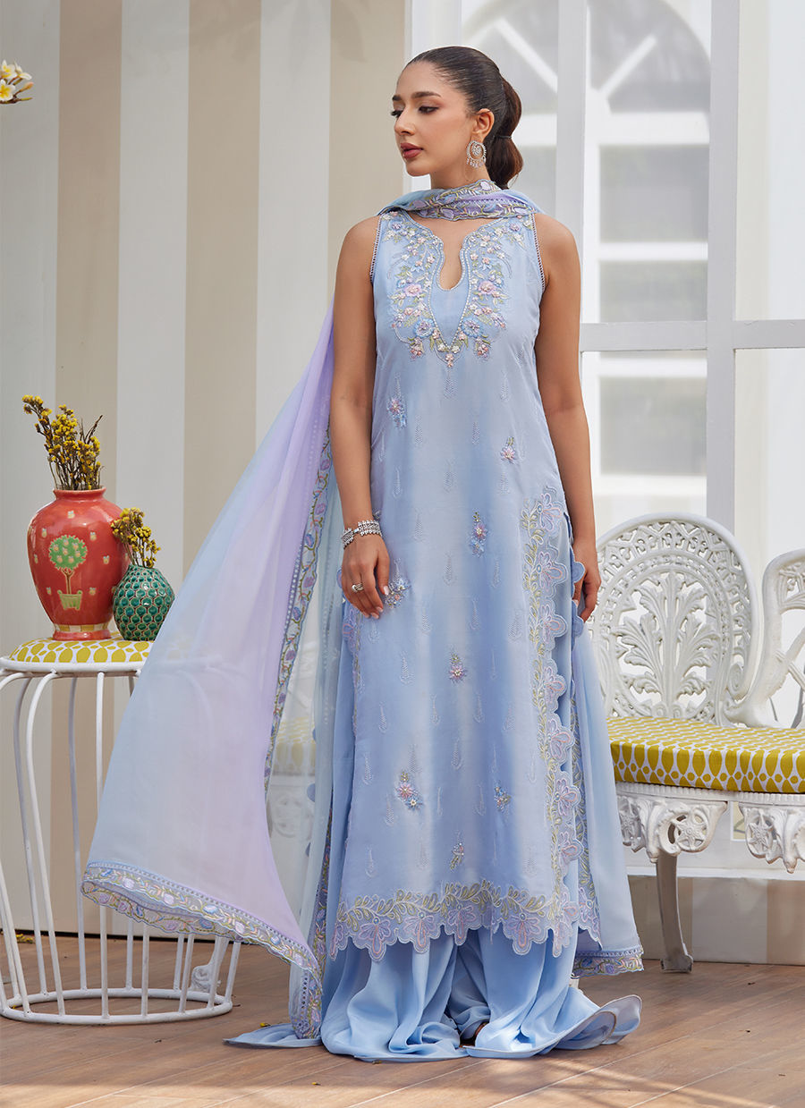 Zila Periwinkle Shirt and Dupatta - Tara Eid Luxe II by Farah Talib Aziz