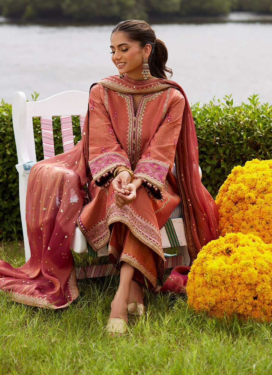 Rivaaz Coral Shirt And Dupatta - Mayna Festive Luxe Pret by Farah Talib Aziz