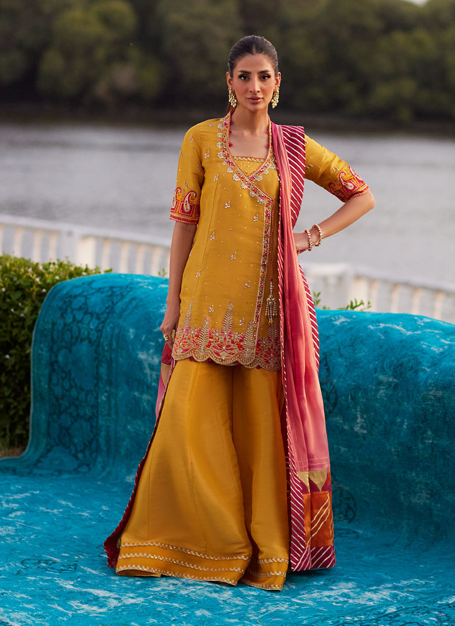 Henna Saffron Angharkha And Dupatta - Mayna Festive Luxe Pret by Farah Talib Aziz