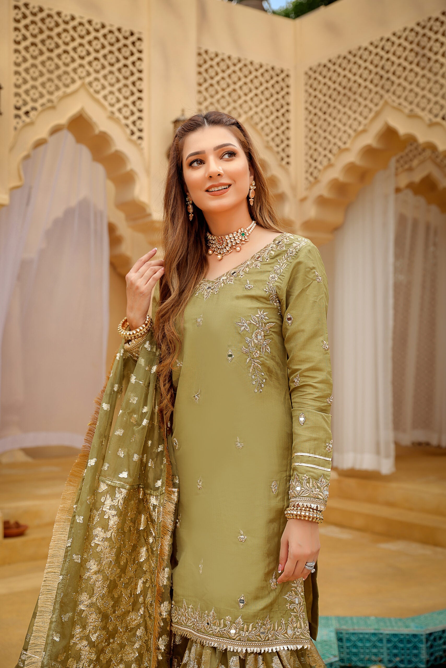 Olive green gharara - Agha Hassan